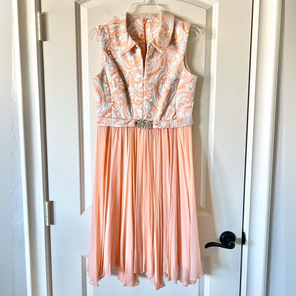 Vtg 60s Peach Brocade & Chiffon Gown ILGWU Union Made Rhinestone Belt Hostess